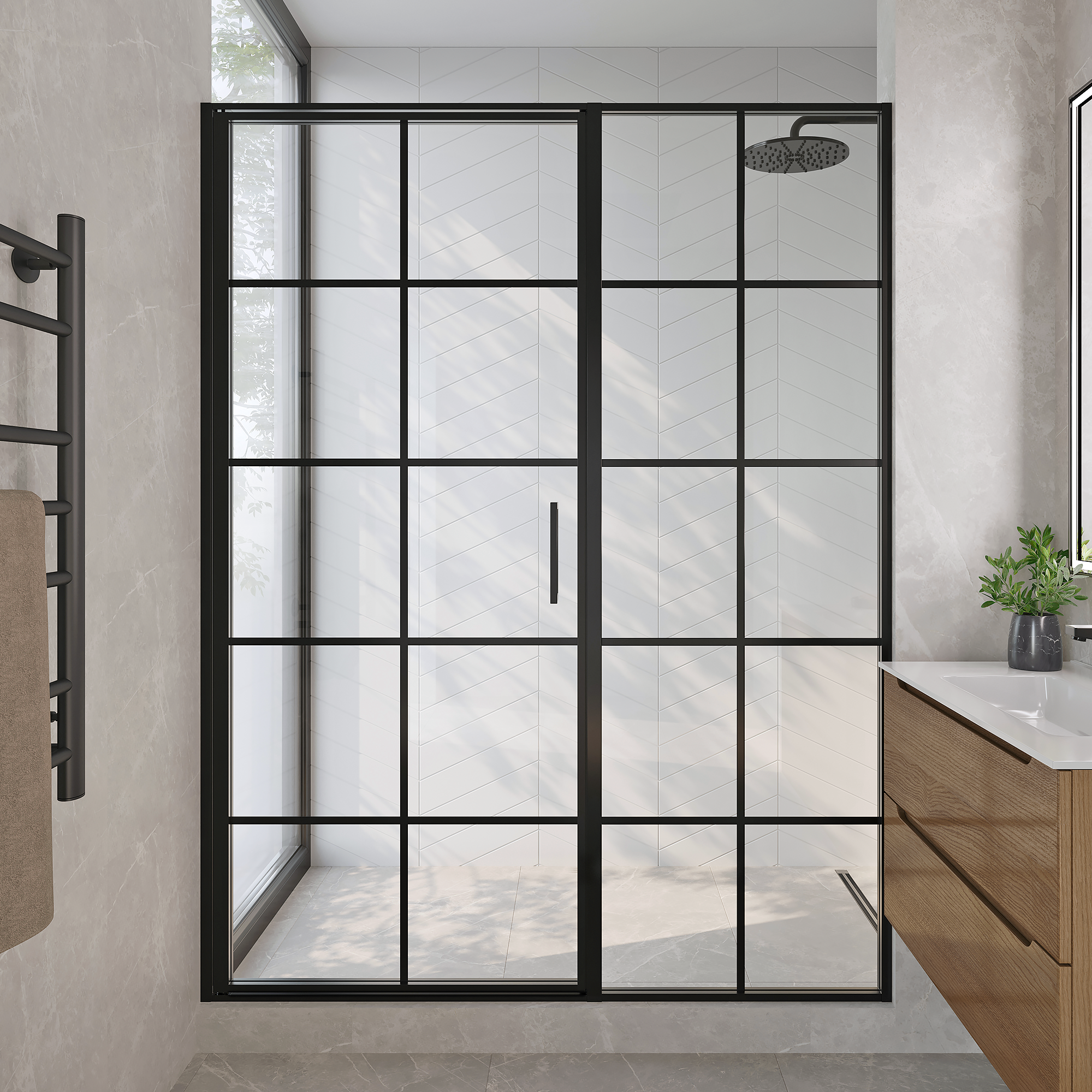 Axio Gridient Pivot Door and Panel Shower Door